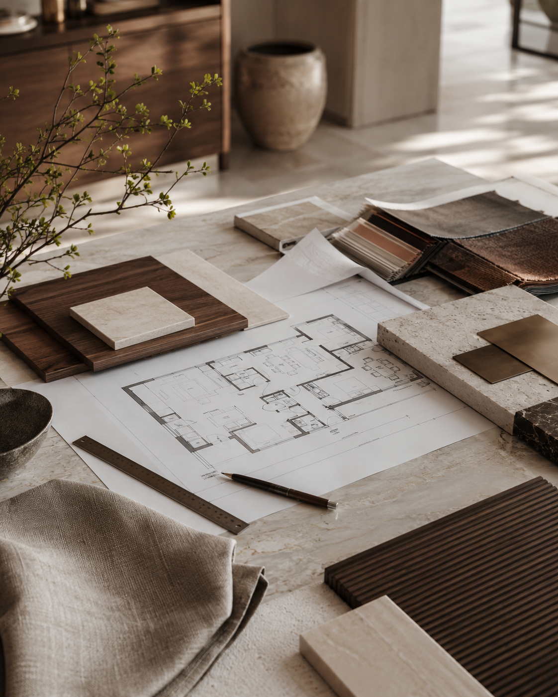 Muestras de materiales, acabados y planos de diseño en Casa Glick