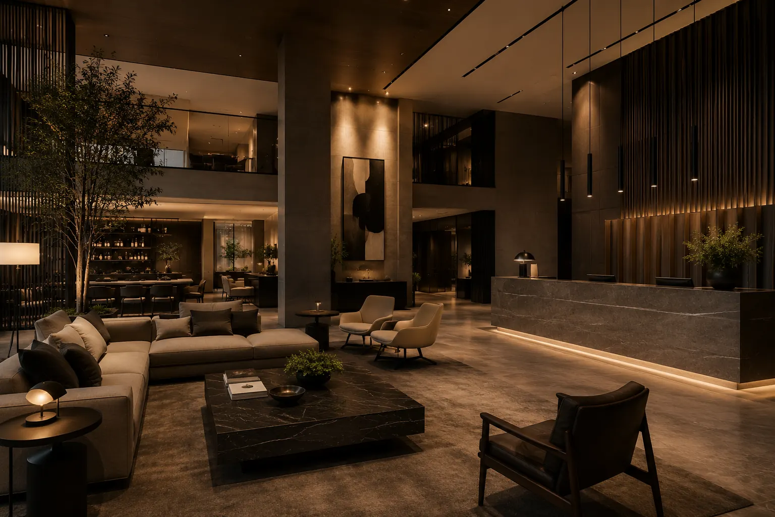 Lobby de hospitalidad con iluminación arquitectónica, mobiliario premium y acabados en piedra